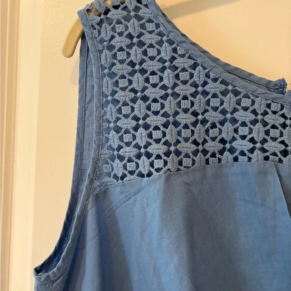 Monsoon Beautiful Blue Linen Summer Classic Crotchet Side Ruched Dress  14